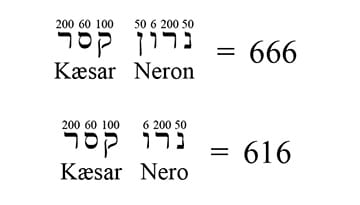 A grafia do nome “Nero César” altera o cálculo: com o “n” final, 666; sem ele, 616. Em ambos os casos, a referência é o imperador romano Nero. (Reprodução: Google)