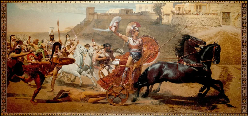 Aquiles arrastando o corpo de Heitor ao redor de Troia. (Créditos: Science History Images/via Alamy)