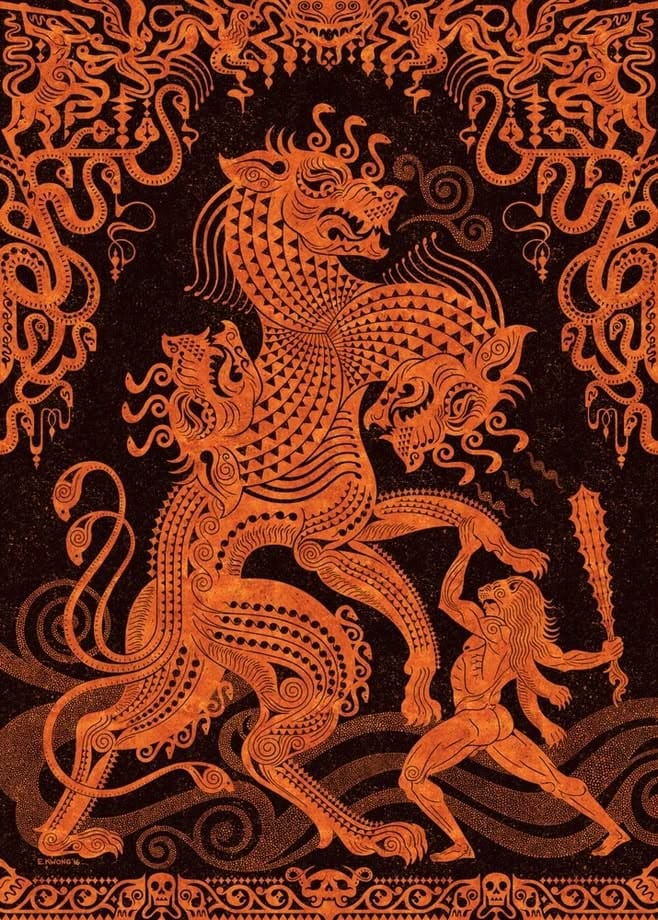 Héracles lutando contra o Cérbero. (Créditos: Ed Kwong/via INPRNT)