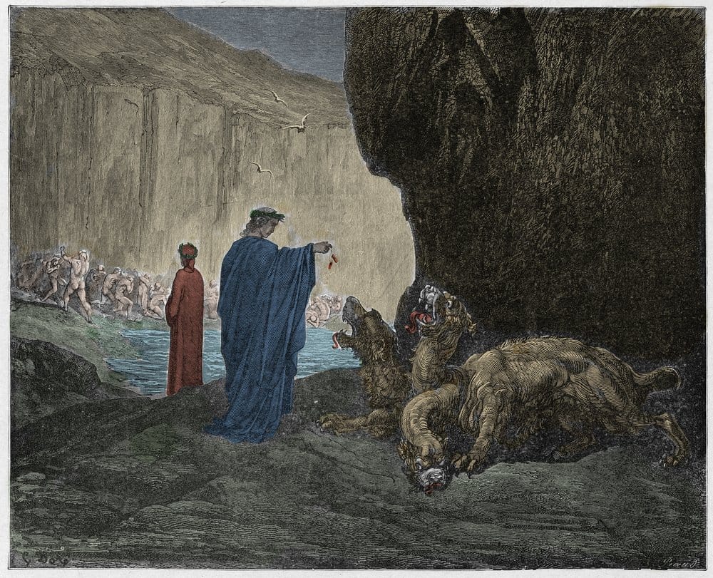 A Divina Comédia, Inferno, Canto 6: Virgílio alimenta Cérbero no terceiro capítulo - por Dante Alighieri (1265-1321) - Ilustração de Gustave Dore (1832-1883)