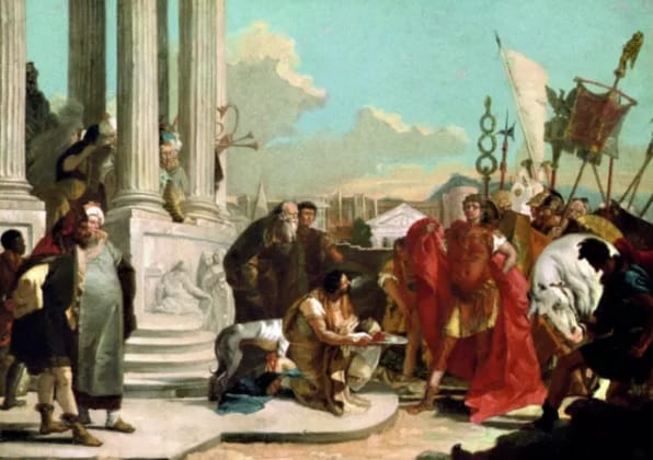 César recebe a cabeça de Pompeu. (Créditos: Wikimedia Commons)