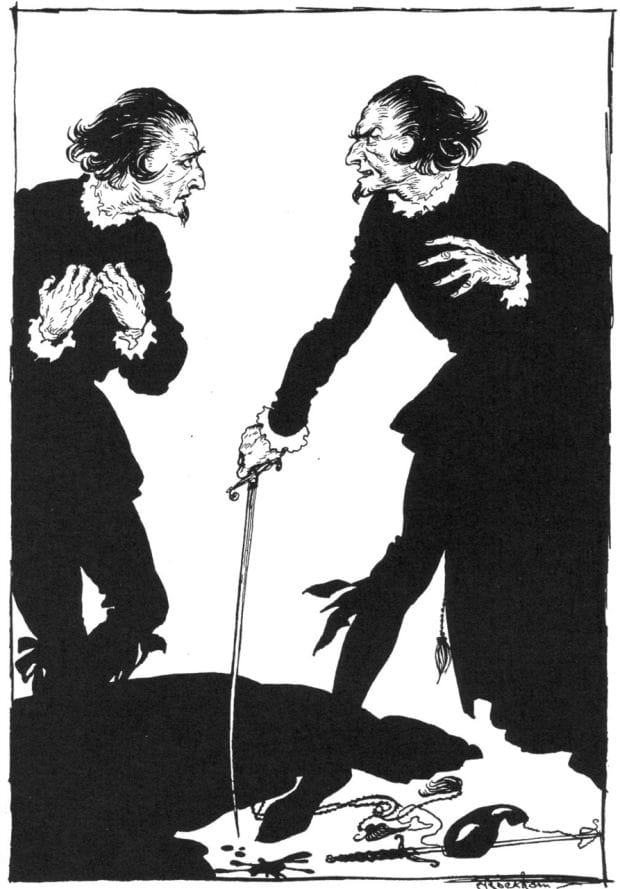 A imagem representa o confronto de William com seu doppelgänger, símbolo de sua consciência moral e do conflito interno entre razão e autodestruição. (Ilustração de Arthur Rackham para "William Wilson", de Edgar Allan Poe)