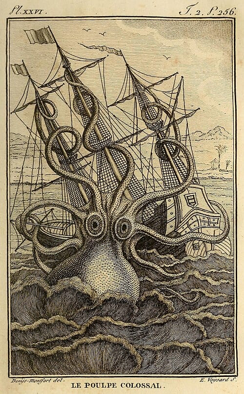 ‘Polvo Colossal’ atacando um navio, por Pierre Denys-Montfort, gravura de Étienne-Claude Voysard, 1801.