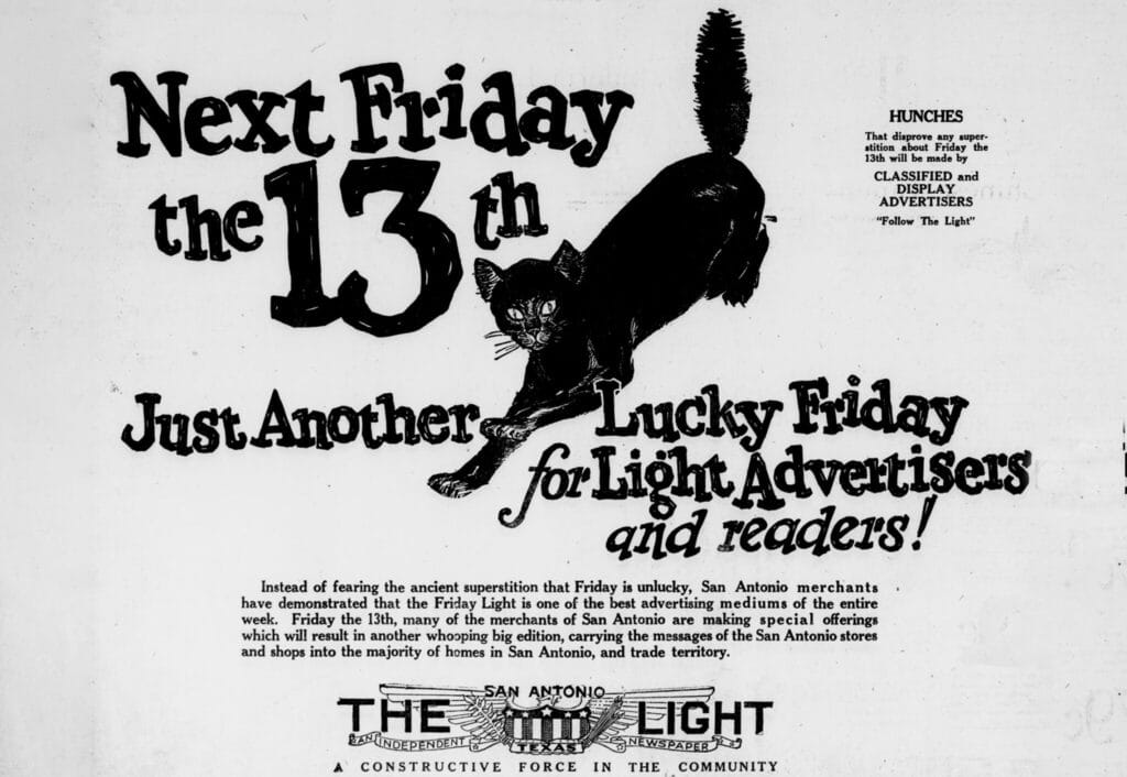 Anúncio da Sexta-feira 13 do jornal San Antonio Light, 8 de novembro de 1925. (Reprodução: LOC)