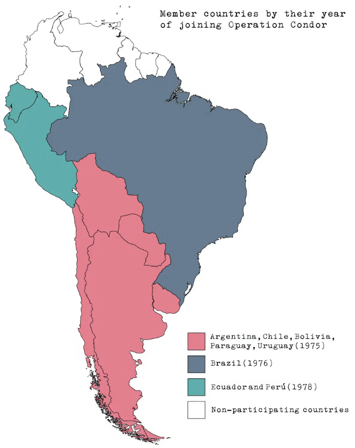 Países membros por ano de adesão à Operação Condor. (Créditos: plancondor.org)