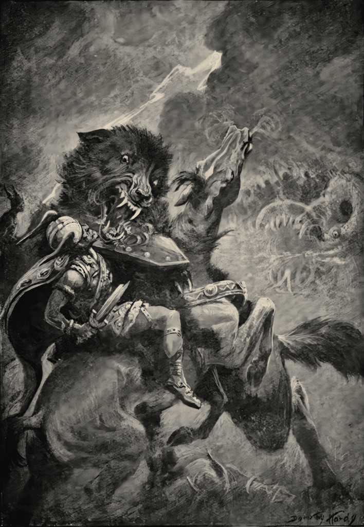 Odin e Fenrir (1909) por Dorothy Hardy. (Reprodução: Wikipedia)