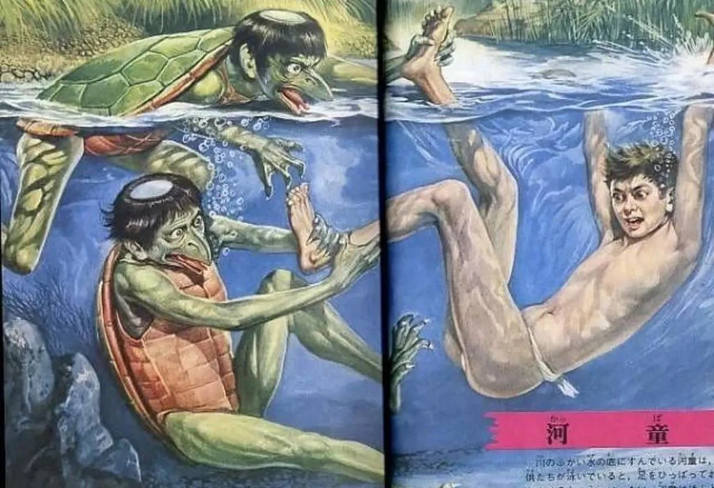 Dois kappa afogando uma criança no rio. (Reprodução: Japan-Avenue)