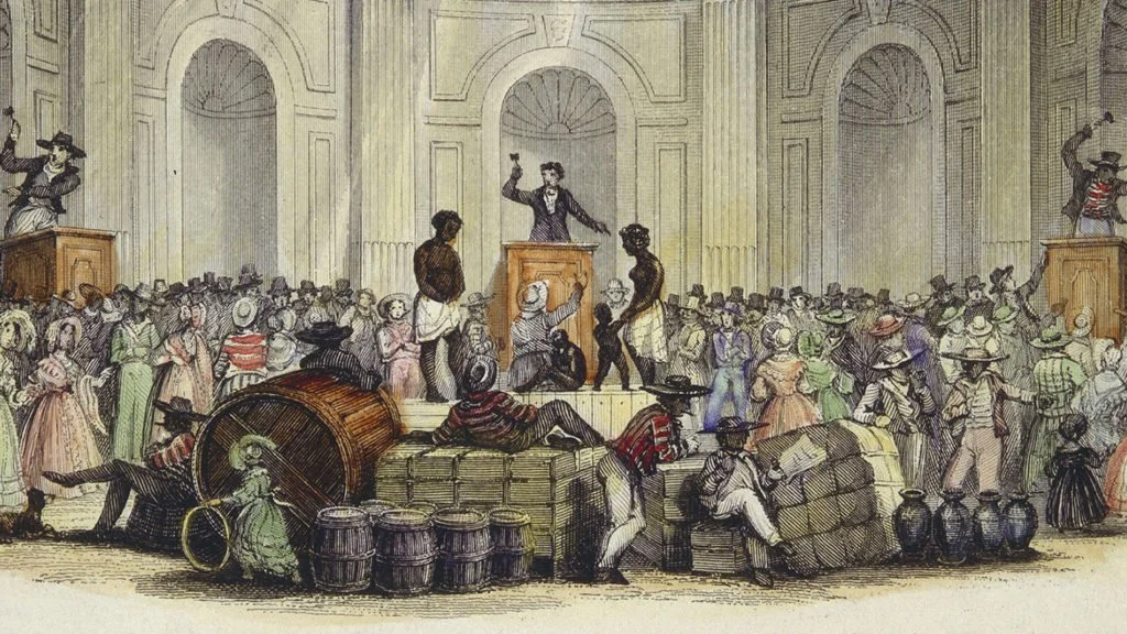 Arte antiga que ilustra o comércio de pessoas escravizadas em Nova Orleans. (Reprodução: modusoperandipodcast)