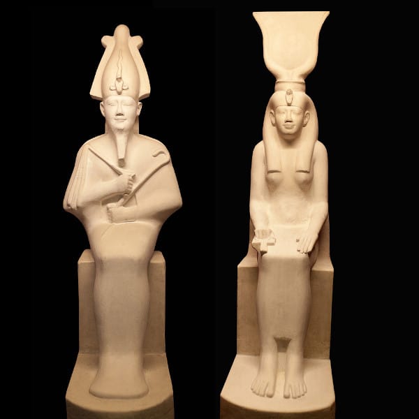 Estátuas representando Osíris (esquerda) e sua esposa, Ísis (direita). (Reprodução: Google)