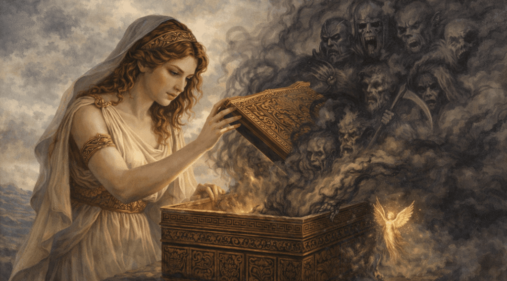 Pandora e a caixa que transformou curiosidade em caos. (Reprodução: mythoi.org)