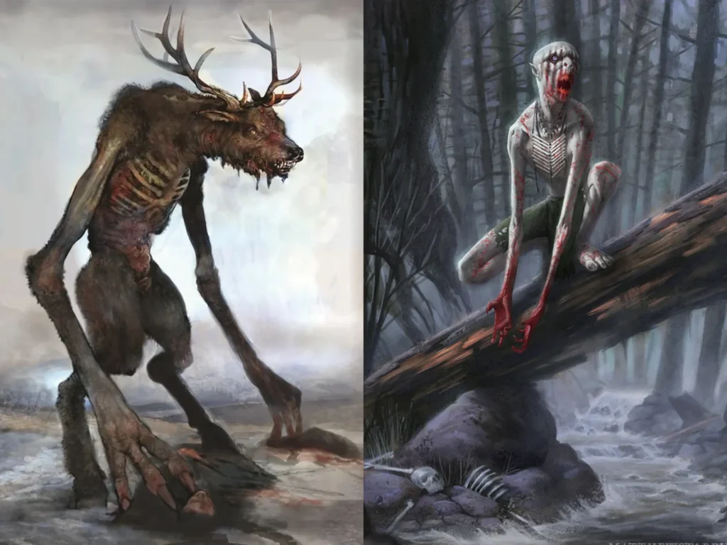 A versão popularizada do Wendigo versus uma ilustração do Wendigo original. (Reprodução: Medium)