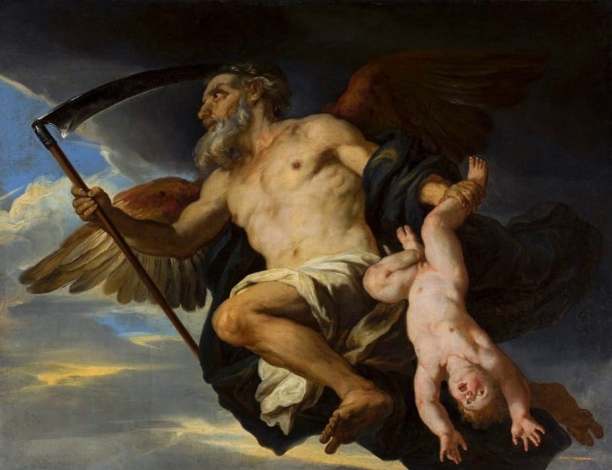Cronos e seu filho, de Giovanni Francesco Romanelli, Museu Nacional de Varsóvia, uma representação do século XVII do titã Cronos como "Pai Tempo", empunhando uma foice. (Reprodução: Wikipedia)