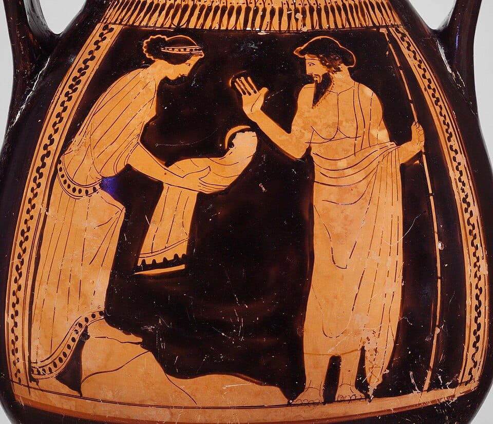 Reia oferece a Cronos uma pedra envolta em panos, em lugar do recém-nascido Zeus. c. 460–450 a.C., Museu Metropolitano de Arte. (Reprodução: Wikipedia)