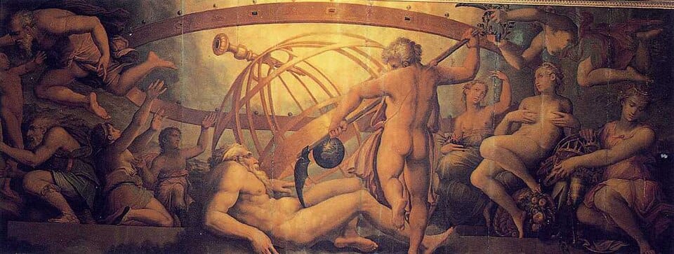 A mutilação de Urano por Cronos, pintura a óleo do século XVI de Giorgio Vasari. (Reprodução: Wikipedia)
