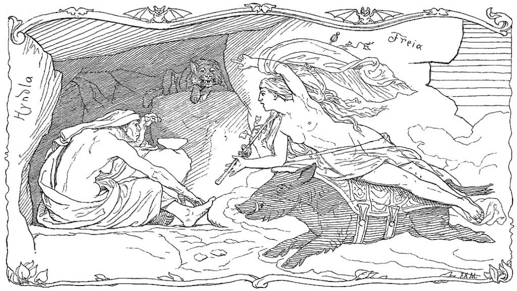 Reclinada em cima de seu javali Hildisvíni, Freyja visita Hyndla em uma ilustração (1895) de Lorenz Frølich. (Reprodução: Wikipedia)