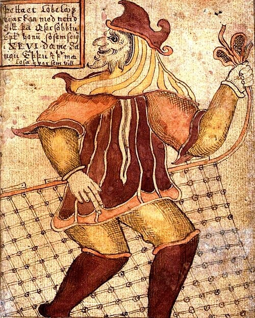 Loki com uma rede de pesca (segundo Reginsmál), retratado em um manuscrito islandês do século XVIII. (Reprodução: Wikipedia)