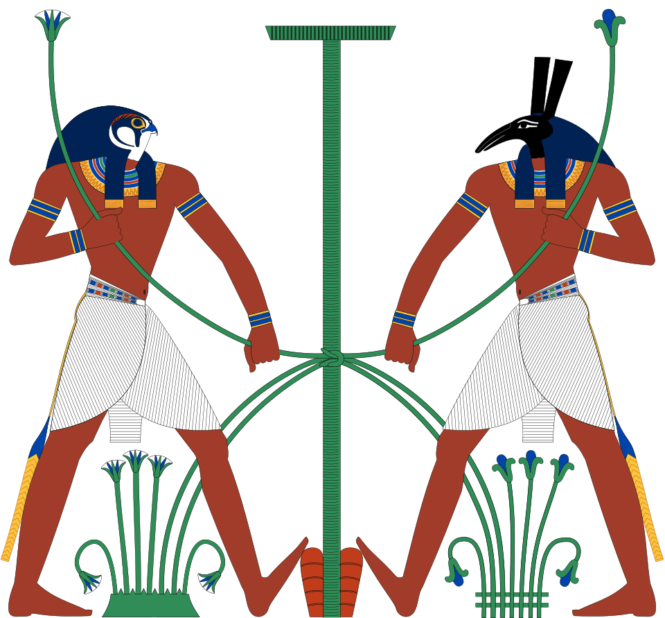 Hórus (à esquerda) e Seth unindo o Alto e o Baixo Egito. (Reprodução: Wikipedia)