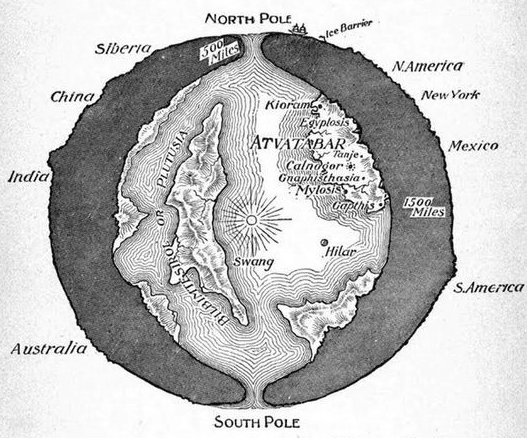Desenho em corte transversal do planeta Terra mostrando o "Mundo Interior" de Atvatabar, do romance de ficção científica de William R. Bradshaw, de 1892, "A Deusa de Atvatabar". (Reprodução: Wikipedia)