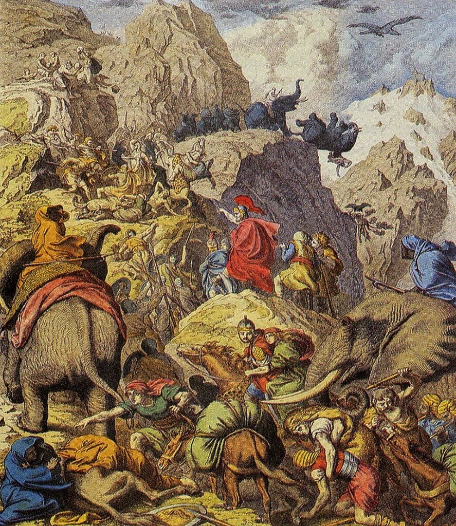 Aníbal e seus homens cruzando os Alpes. (Reprodução: Wikipedia)