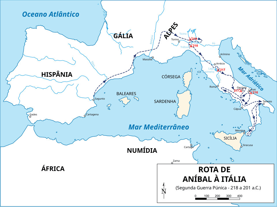 Mapa da rota seguida por Aníbal durante sua invasão. (Reprodução: Wikipedia)