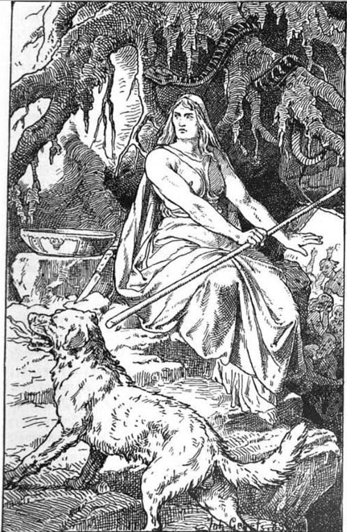 Hel (1889), de Johannes Gehrts, retratada aqui com seu cão Garmr. (Reprodução: Wikipedia)