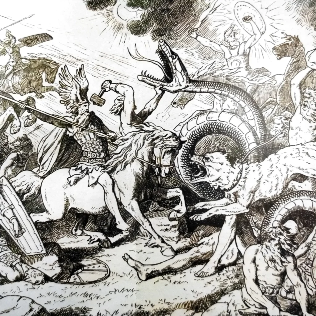 Thor e Jörmungandr: Uma rivalidade eterna que termina em Ragnarök. (Reprodução: norsegarde)