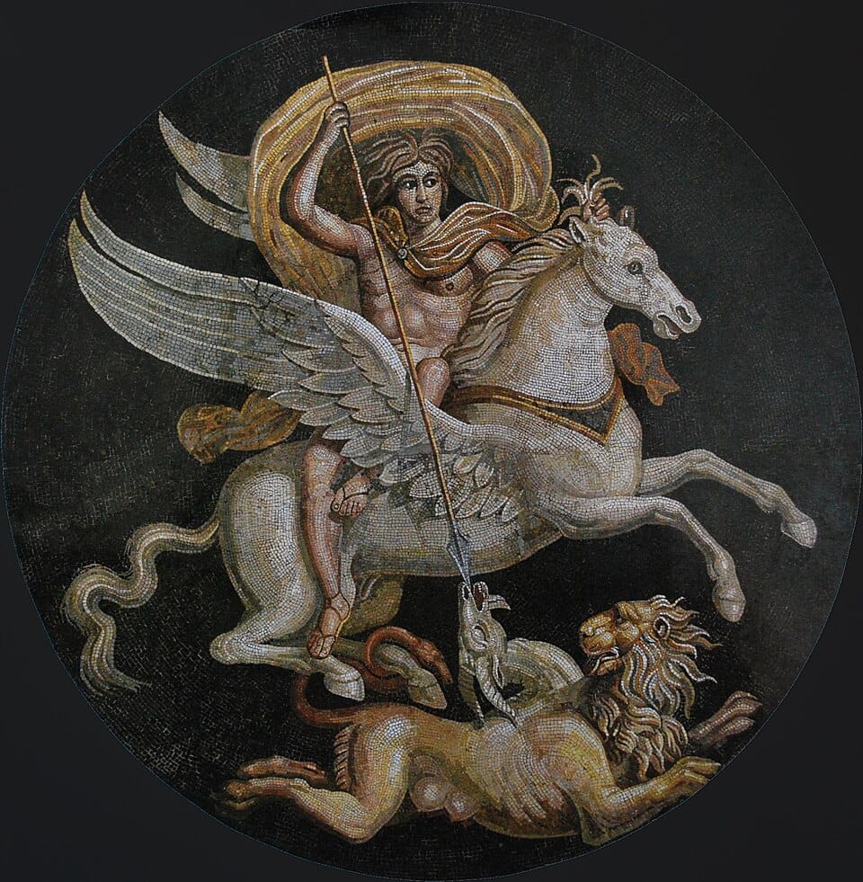Belerofonte montando Pégaso e matando a Quimera, medalhão central de um mosaico galo-romano de Autun, Museu Rolin, século II-III d.C. (Reprodução: Wikipedia)