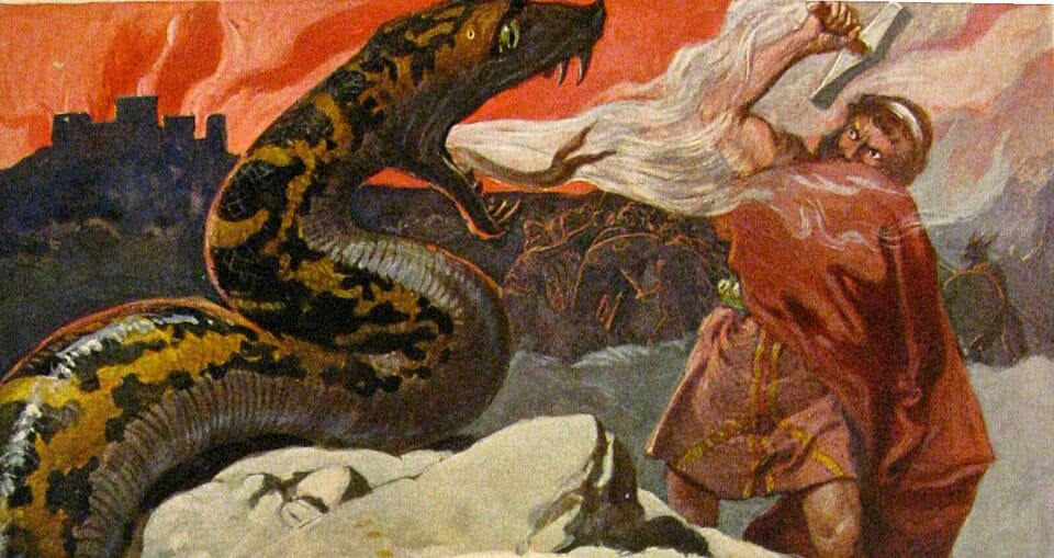 Thor e a Serpente de Midgard por Emil Doepler, 1905. (Reprodução: Wikipedia)