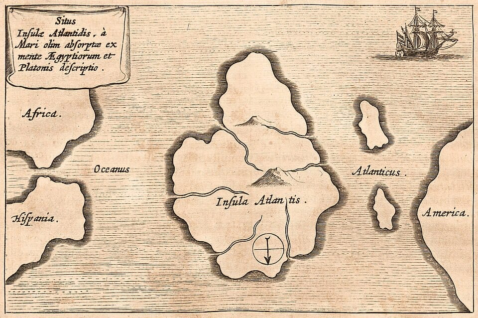 Mapa de Atlântida feito por Athanasius Kircher, situando-a no meio do Oceano Atlântico, da obra Mundus Subterraneus, publicada em Amsterdã em 1669. (Reprodução: Wikipedia)