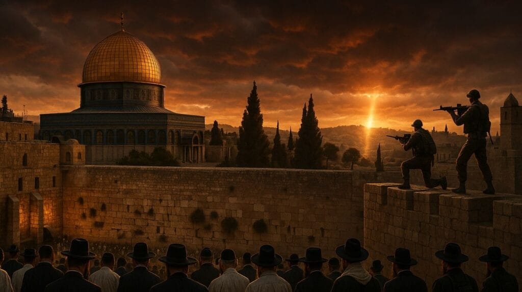 Jerusalém sob nuvens carregadas durante o entardecer, com fiéis em oração e soldados vigiando a cidade, em uma cena que remete às profecias bíblicas sobre os últimos dias de Israel. (Reprodução: clickpetroleoegas)