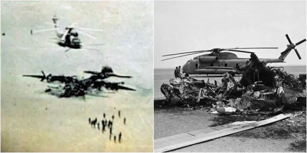 Destroços de um dos helicópteros Bluebeard destruídos, com um RH-53D abandonado ao fundo. (Reprodução: Wikipedia)
