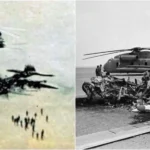 Destroços de um dos helicópteros Bluebeard destruídos, com um RH-53D abandonado ao fundo. (Reprodução: Wikipedia)