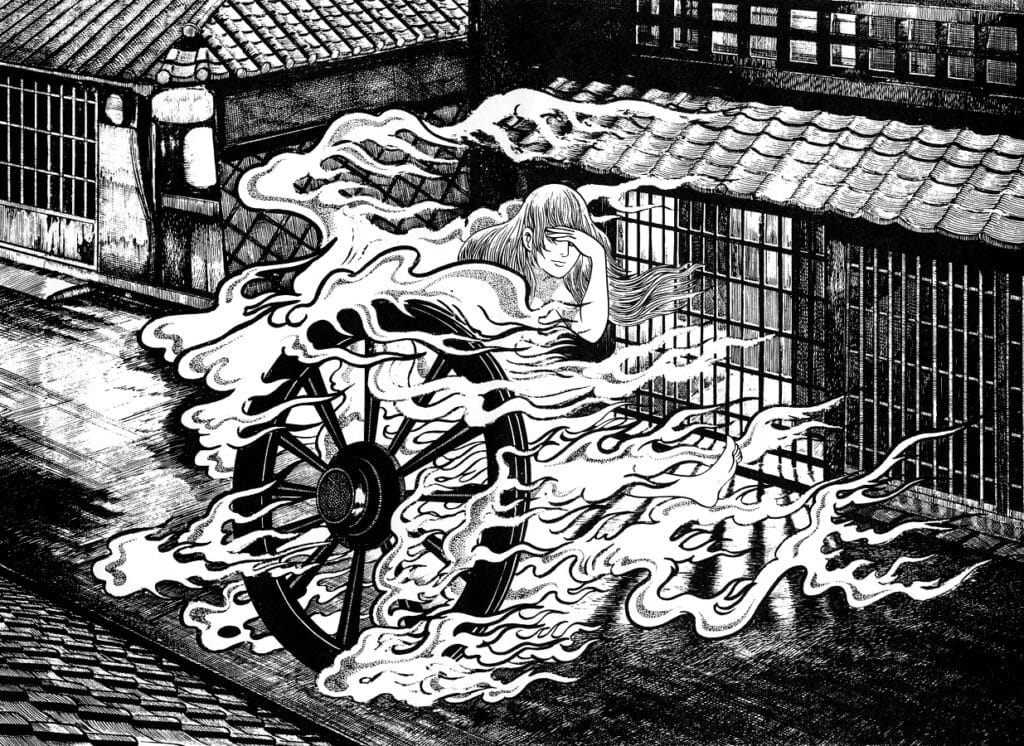 Katawaguruma: A assustadora lenda japonesa da roda flamejante. (Créditos: Shigeru Mizuki)
