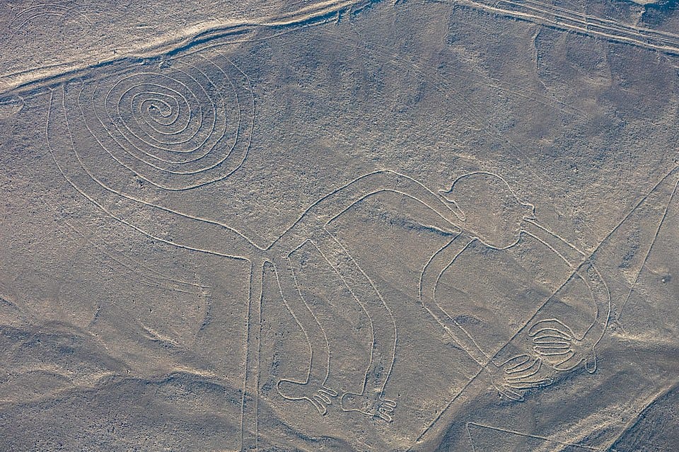 Fotografia aérea de uma das Linhas de Nazca, tirada em julho de 2015, que mostra o desenho conhecido como "o macaco". (Reprodução: Wikipedia)