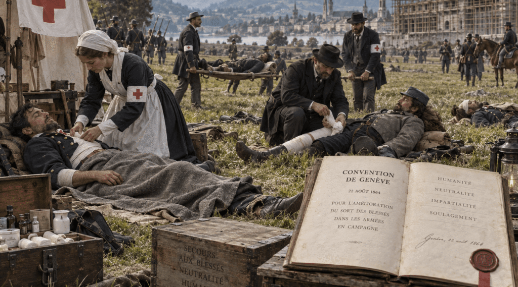 Em 1864, após a Batalha de Solferino, Henri Dunant observou feridos abandonados e iniciou o movimento que levaria à criação da Cruz Vermelha e à primeira Convenção de Genebra, estabelecendo o direito internacional humanitário. (Reprodução: IA)
